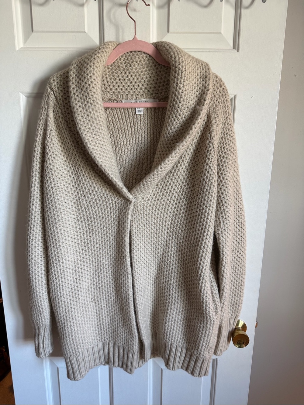 Wool Alpaca Blend Max Studio Cream Shawl Collar Open-Front Knit Cardigan XL